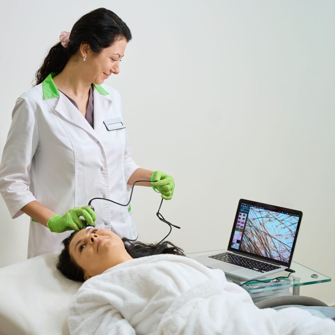 Middle-aged lady checks the condition of her hair using a trichoscope Middle-aged lady checks the condition of her hair using a trichoscope, the device is connected to a laptop